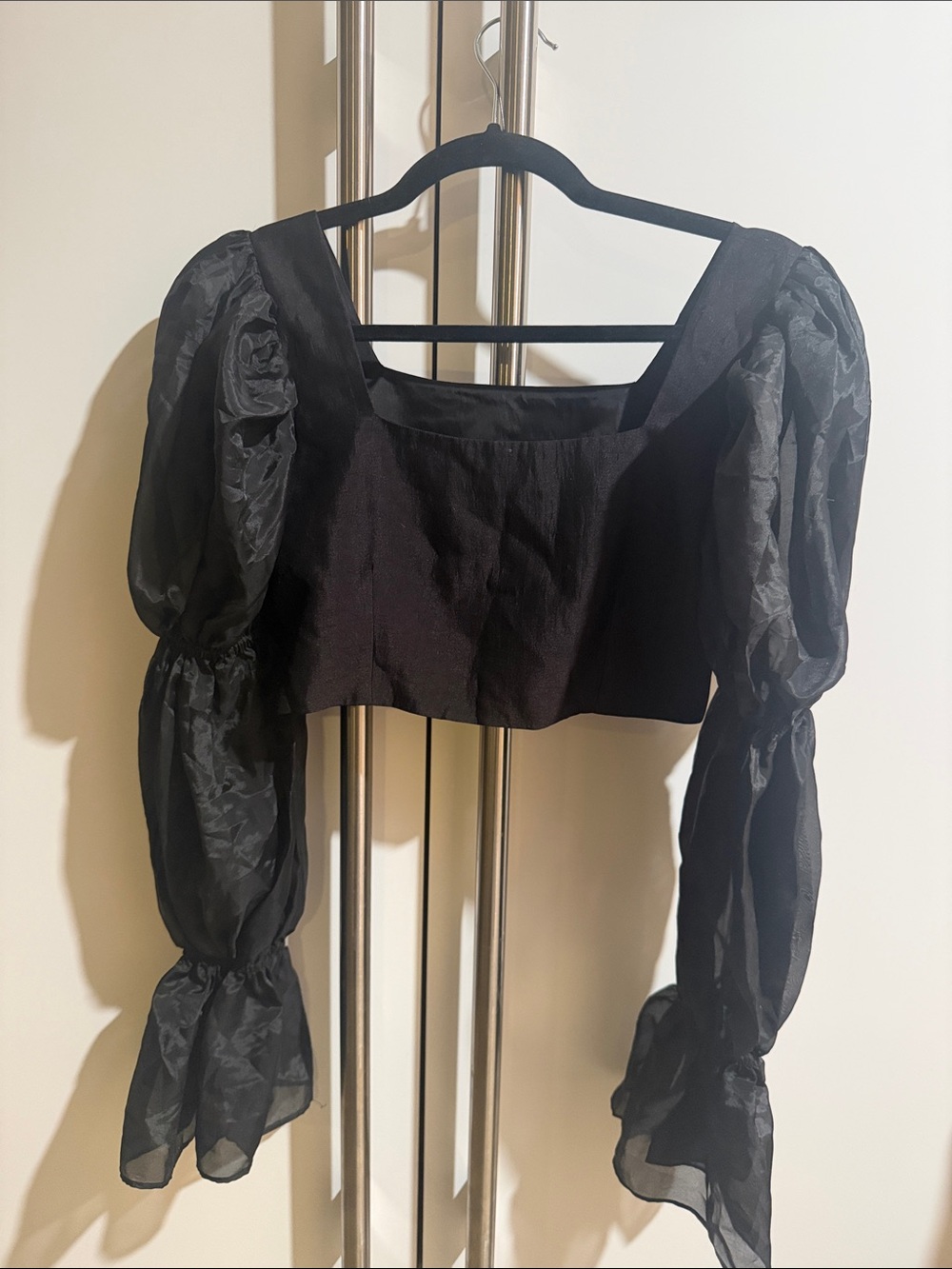 Black Puff-Sleeve Square-Neck Crop Top